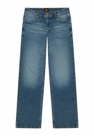 Vaqueros de denim azul deslavado con corte recto, cinco bolsillos, cierre de botón y detalles de costura en contraste.