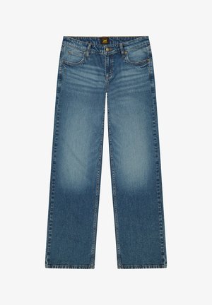 Wycierane niebieskie dżinsy o prostym kroju nogawki, z pięcioma kieszeniami, zapięciem na guziki i kontrastowymi detalami szycia.