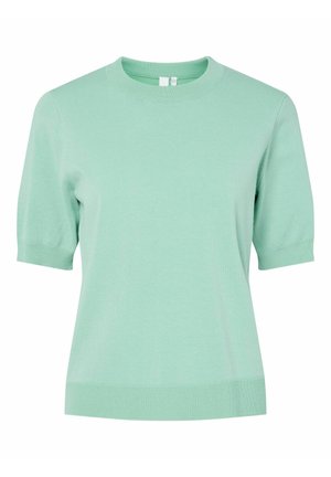 Pull en tricot vert menthe à manches courtes avec col rond, poignets et ourlet côtelés, présenté sur un fond blanc.