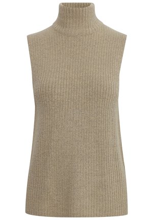 Béžový bezrukávový rolák vyrobený z rebrovej pleteniny, s vysokým golierom a priliehavým strihom pre elegantný siluetu.