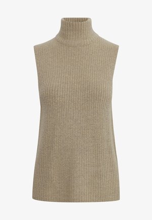 Maglione senza maniche color beige con collo alto, realizzato in tessuto a costine, caratterizzato da un design aderente che crea una silhouette slanciata.