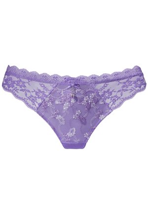 Purple lace thong with floral embroidery, scalloped edges, and a small central bow. Sheer texture with a smooth waistband and detailed accents.