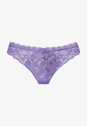 Purple lace thong with floral embroidery, scalloped edges, and a small central bow. Sheer texture with a smooth waistband and detailed accents.