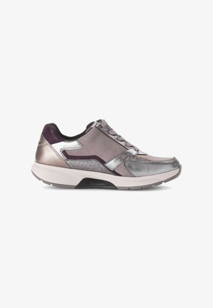 Metallic grey athletic shoe with silver accents, suede texture, rounded toe, lace-up design, and rubber sole featuring light tread.