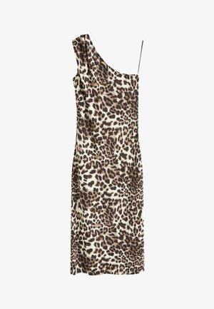 Rochie cu imprimeu de leopard în nuanțe de brown și crem. Design cu un umăr, cu o croială dreaptă și textură netedă. Dispune de bretele subțiri ajustabile.