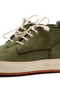 Chaussures vertes en daim à lacets avec semelles en caoutchouc beige, comportant des œillets en métal et des lacets beige clair. Design simple sans motifs distinctifs.