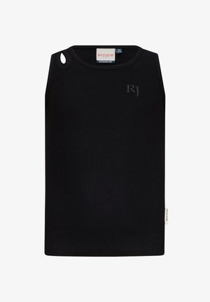 Top senza maniche nero con texture a costine. Presenta un dettaglio a foro laterale e un sottile logo "RJ" sulla parte frontale. Realizzato in materiale misto cotone.
