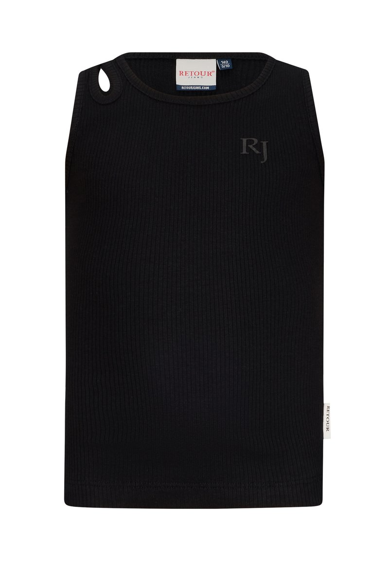 Top senza maniche nero con texture a costine. Presenta un dettaglio a foro laterale e un sottile logo "RJ" sulla parte frontale. Realizzato in materiale misto cotone.