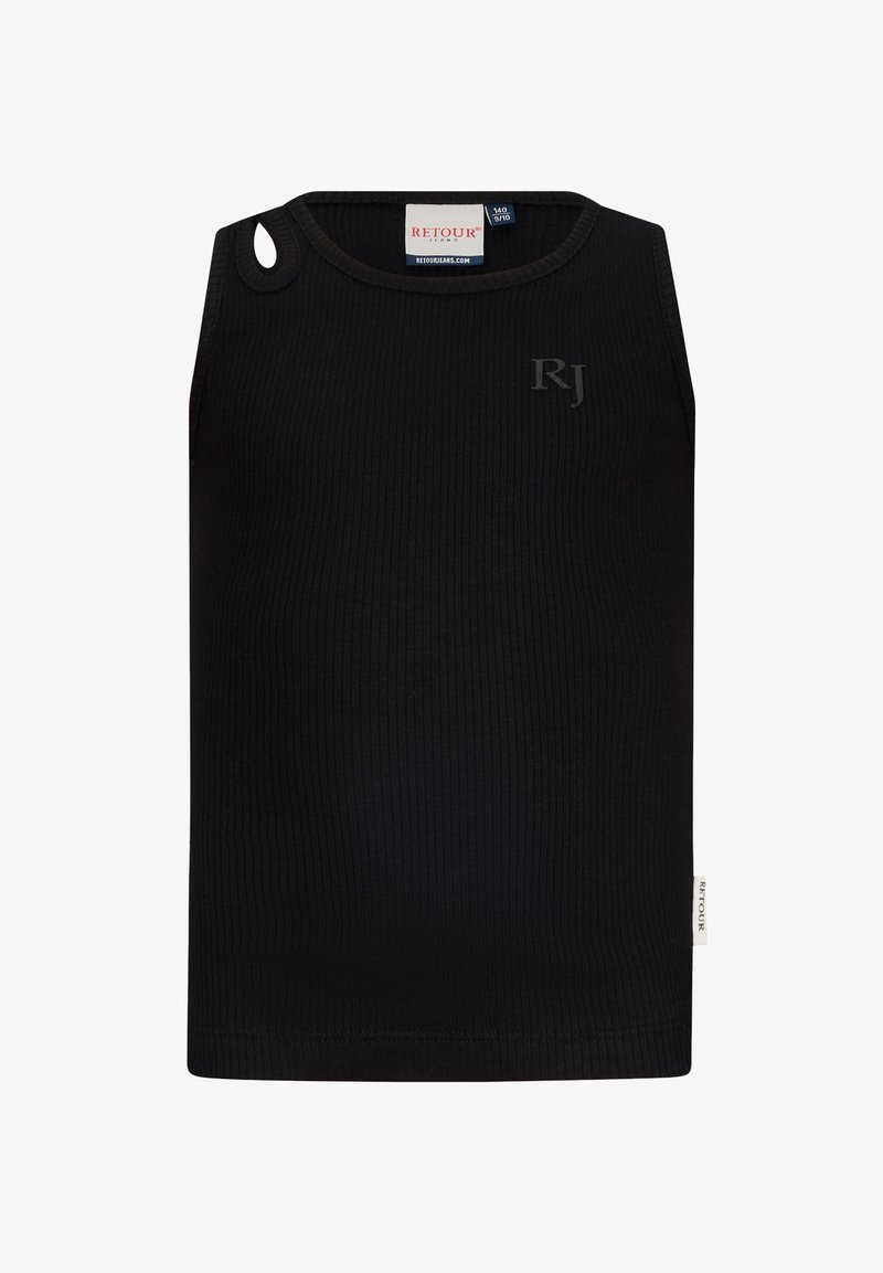 Czarny bezrękawnik o prążkowanej fakturze. Posiada detal w postaci otworu po boku oraz subtelne logo "RJ" z przodu. Wykonany z materiału bawełnianego.