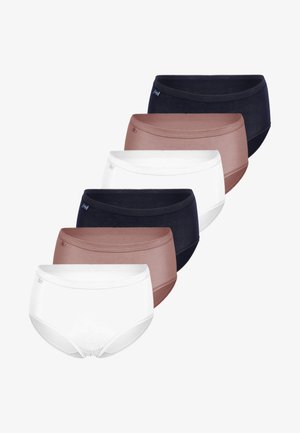 Zes paar vrouwenonderbroeken in wit, zwart en rozenkleur. Gemaakt van gladde stof met een zachte tailleband en geen zichtbare naden.