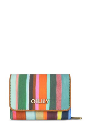 Compacte portemonnee met multiculturele verticale strepen. Heeft een bruine bies en een opvallend "OILILY" logo in goud. Gemaakt van gestructureerde stof.