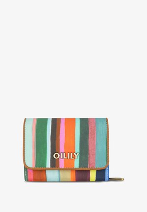 Compacte portemonnee met multiculturele verticale strepen. Heeft een bruine bies en een opvallend "OILILY" logo in goud. Gemaakt van gestructureerde stof.