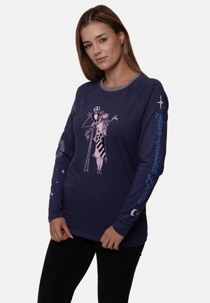 Navy long-sleeve shirt with gray neck trim. Features a pink graphic of two characters on front and accents on sleeves. Made from soft fabric.