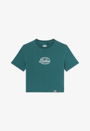 Teal kortärmad croppad T-shirt med vitt globlogo och texten "Dickies" centrerad på framsidan, rund halsringning och en liten märkesetikett vid fållen.