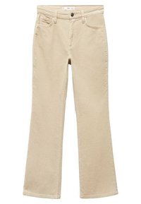Pantalon beige taille haute, coupe droite, avec fermeture à bouton et zip à l’avant, poches devant et derrière, et passants pour ceinture.