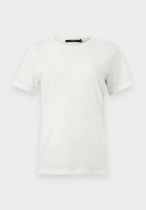 Plain white short-sleeve crew neck T-shirt with a straight hem, displayed flat against a light background.