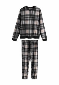 Kariertes Freizeitanzug-Set in Schwarz, Grau und Beige. Das Oberteil hat lange Ärmel und einen Rundhalsauschnitt; die Hose hat einen elastischen Bund und Bündchen.