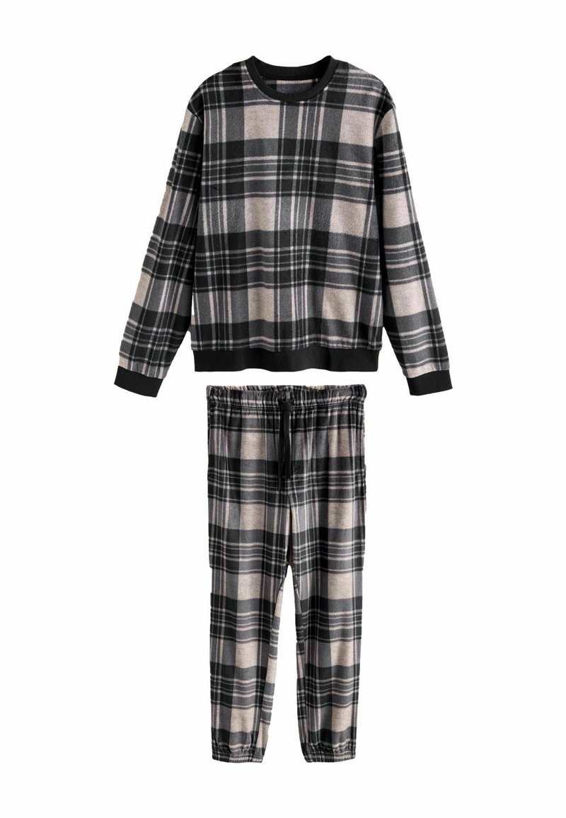 Kariertes Freizeitanzug-Set in Schwarz, Grau und Beige. Das Oberteil hat lange Ärmel und einen Rundhalsauschnitt; die Hose hat einen elastischen Bund und Bündchen.