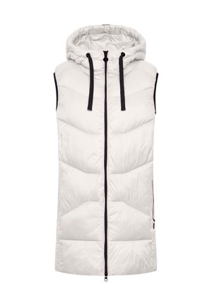 Wit gewatteerd vest met capuchon, voorzien van een ritssluiting aan de voorkant, donkere accent trekkoorden en een chevron-quiltingpatroon. Mouwloos ontwerp.