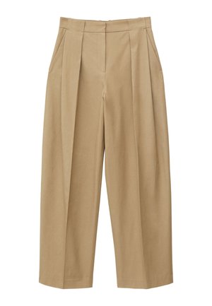 Smėlio spalvos aukšto liemens plačios kelnės su priekinėmis klostėmis, šoniniais kišenėmis ir prigludusia liemene su diržo kilpomis.