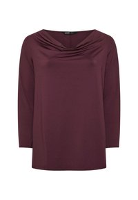 Lila långärmad topp med en draperad halsringning, tillverkad av mjukt material, med en slät textur och en avslappnad passform. Inga synliga mönster eller detaljer.