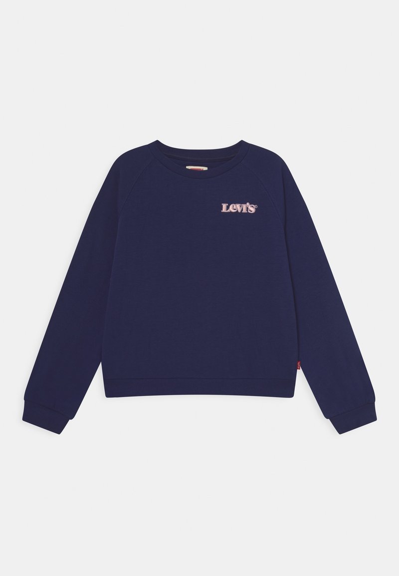 Felpa blu navy con maniche raglan lunghe, polsini a coste e scollatura rotonda. Presenta il logo "Levi's" ricamato in rosa chiaro sul petto.