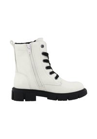 Hvide ankelstøvler lavet af syntetisk læder med sort snørrefortil og lynlås i siden. Tykkesort sål med tekstureret greb.