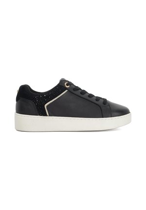 Zwarte leren sneaker met een getextureerde zwarte suède en glitters accent, witte rubberen zool, ronde neus en zwarte vetersluiting.