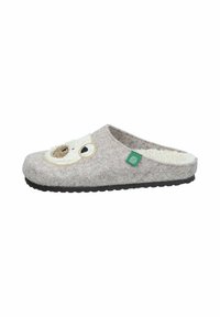Gray felt slippers with an owl design on the front, featuring a soft, fuzzy interior, black sole, and a green brand tag on the side.