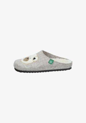 Gray felt slippers with an owl design on the front, featuring a soft, fuzzy interior, black sole, and a green brand tag on the side.
