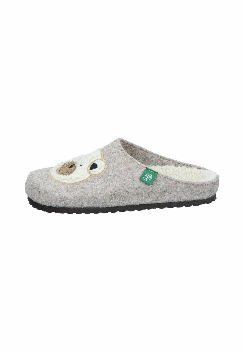 Gray felt slippers with an owl design on the front, featuring a soft, fuzzy interior, black sole, and a green brand tag on the side.