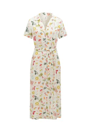 Biała sukienka z krótkim rękawem zapinana na guziki, z kołnierzykiem i paskiem do wiązania, ozdobiona kolorowymi tropikalnymi i kwiatowymi wzorami.