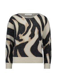 Pullover trui in zwart, beige en crème met een golfpatroon. Heeft een zachte textuur, ronde halslijn en geribde onderkant en manchetten.