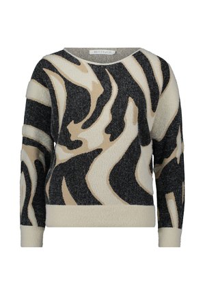 Sweter z pulowerem w kolorze czarnym, beżowym i kremowym z falistym wzorem. Posiada miękką teksturę, okrągły dekolt oraz ściągacze w dolnej części i przy mankietach.