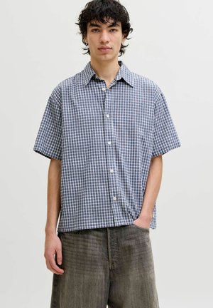 Jeune homme portant une chemise à manches courtes à carreaux bleus et blancs boutonnée et un pantalon ample gris délavé, debout devant un fond uni.