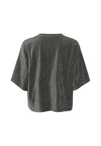 Črn bleščeč kratek rokav crop top z ohlapnim krojem in okroglim izrezom, prikazan od zadaj na beli podlagi.