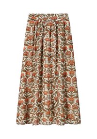 Maxirock mit Blumenmuster in Creme, ausgestattet mit filigranen orangefarbenen und grünen Mustern, elastischem Taillenbund und fließender Stoffstruktur.