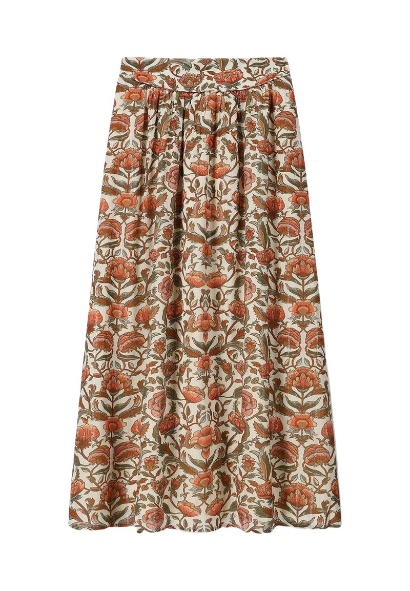Maxirock mit Blumenmuster in Creme, ausgestattet mit filigranen orangefarbenen und grünen Mustern, elastischem Taillenbund und fließender Stoffstruktur.