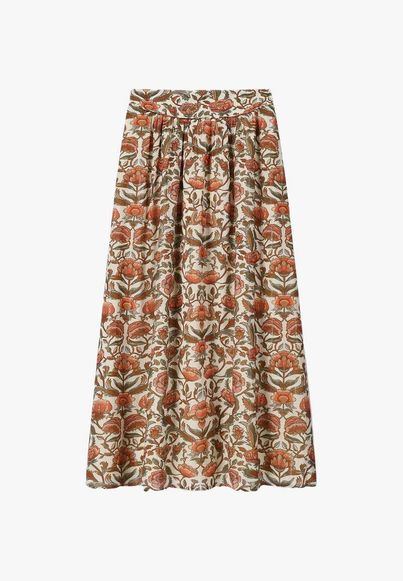 Maxirock mit Blumenmuster in Creme, ausgestattet mit filigranen orangefarbenen und grünen Mustern, elastischem Taillenbund und fließender Stoffstruktur.