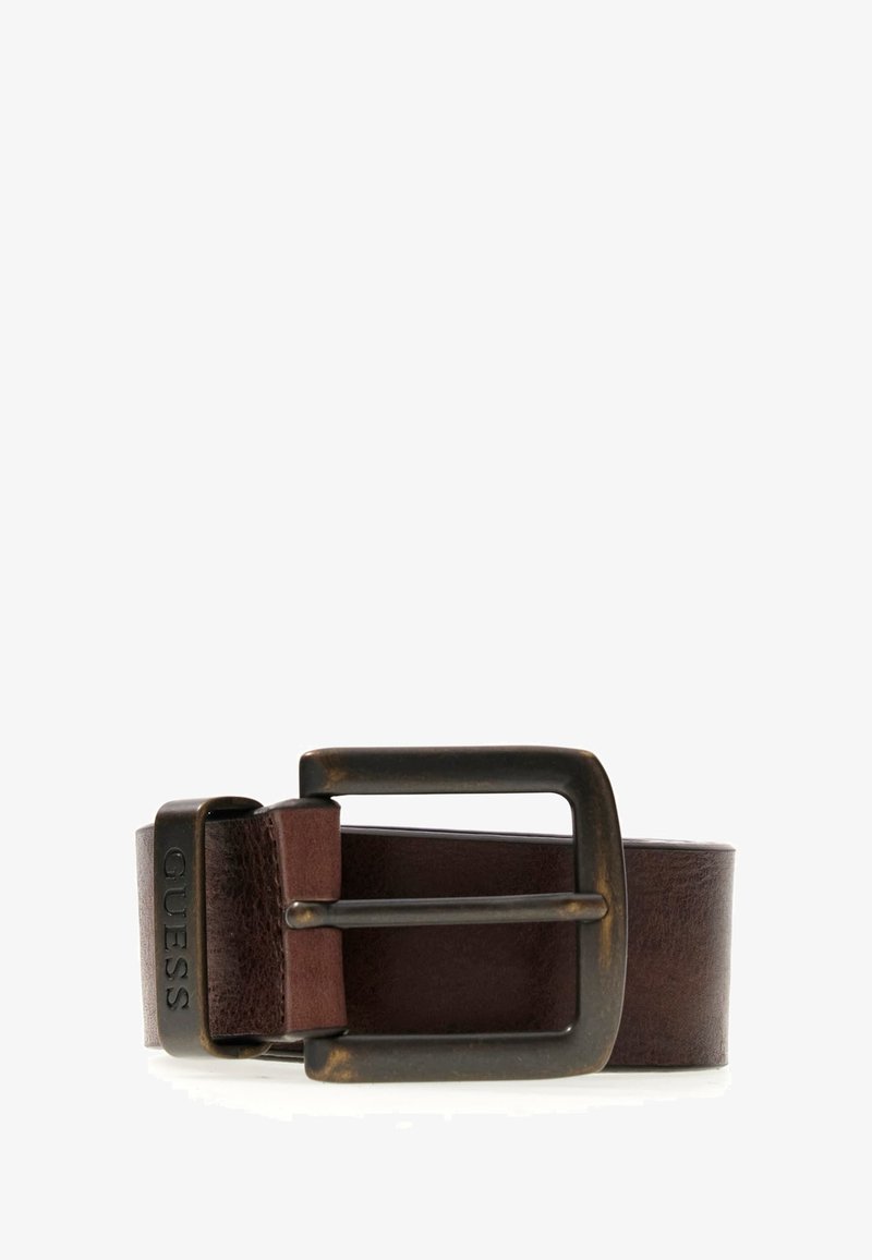 Cintura in pelle marrone con una fibbia metallica invecchiata, con forma rettangolare e logo del marchio impresso per un tocco in più.