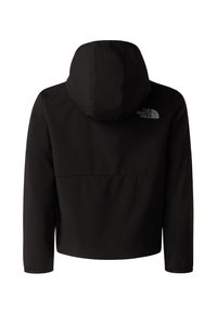 Zwarte capuchonjas met lange mouwen, voorzien van het The North Face-logo aan de rechterbovenkant van de rug.