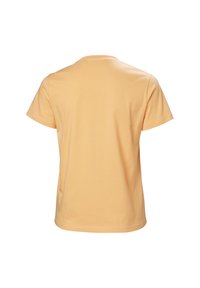 Camiseta de manga corta y cuello redondo en tejido de algodón amarillo claro con una textura suave, que presenta un diseño sencillo en la parte posterior y sin gráficos.