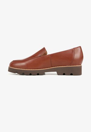 Braune Leder-Slipper mit runder Zehenpartie und niedrigem Gummihacke. Verfügt über eine glatte Textur und dezente Nähte an den Seiten.