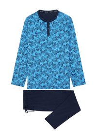 Langärmliges Oberteil in lebhaftem Blau mit dunkelblauem Blättermuster und Knopfverschluss am Hals, kombiniert mit navyblauen Jogginghosen mit Kordelzug.