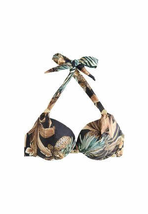 Halter-bikinitop med polstrede skåle, tropisk blad- og dyreprint i nuancer af sort, brun, beige og grøn, bundet ved halsen.