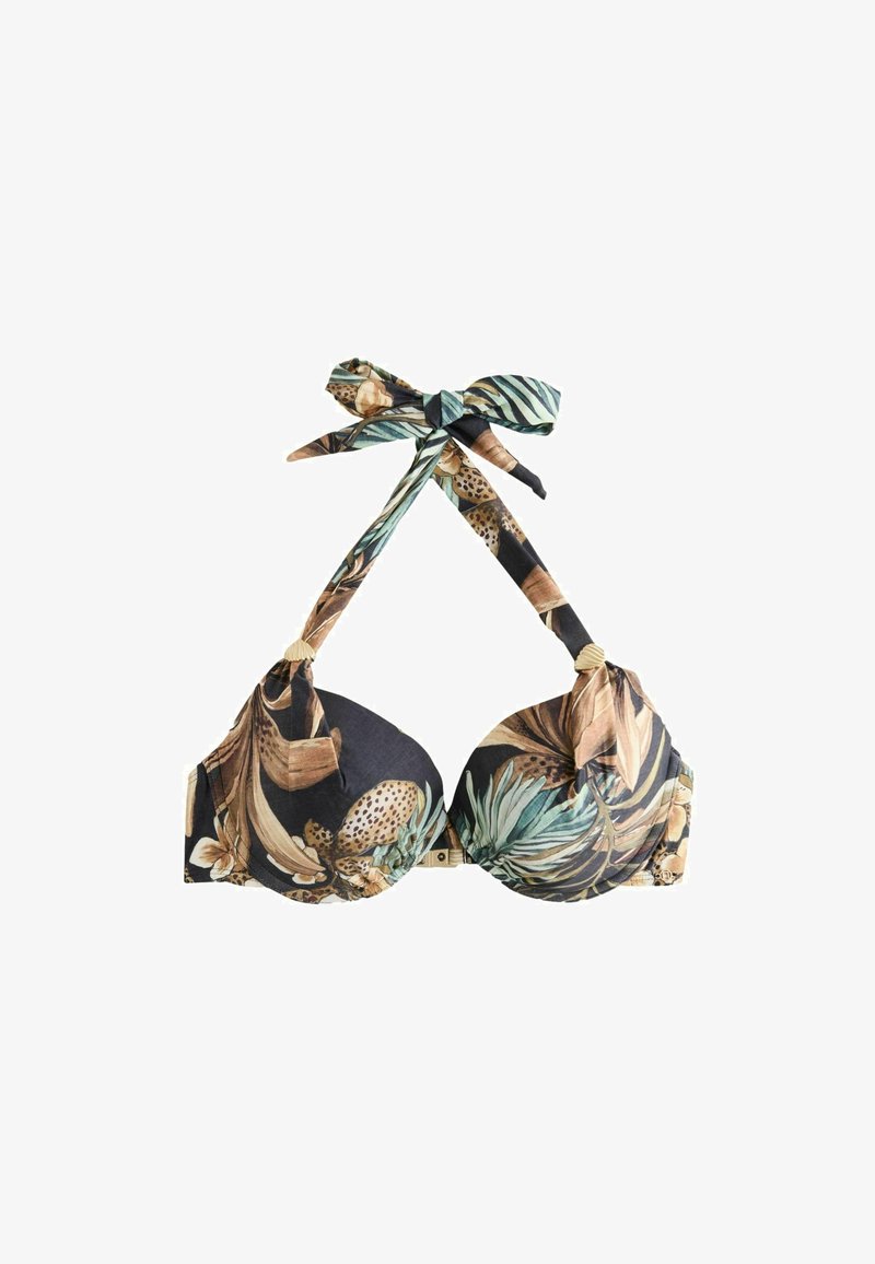 Bikini zgornji del z naramnicami za okoli vratu in podloženimi košaricami, s tropskimi listi in živalskim potiskom v odtenkih črne, rjave, bež in zelene, zavezan okoli vratu.