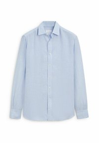 Camicia a maniche lunghe a righe azzurro chiaro realizzata in cotone. Presenta un colletto, chiusura frontale con bottoni e vestibilità regolare. Le righe verticali decorano il tessuto.