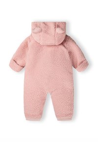 Combinaison courte en polaire rose avec capuche, ornée d'oreilles d'ours, manches longues et poignets côtelés. Texture douce et design chaud, adapté aux nourrissons.