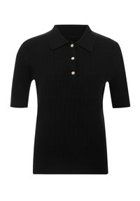 Polo noir à manches courtes avec texture côtelée, doté d'un col classique et de trois boutons dorés sur le devant.