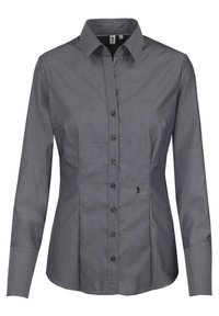 Grå långärmad skjorta med en strukturerad krage, knappstängning framtill och diskret blommönster ovanför fållen. Slät tygkvalitet.